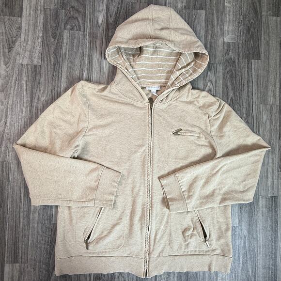 Charter Club XL Beige Zip Hoodie Jacket Cotton Blend Hooded Pockets Korea - Picture 1 of 5